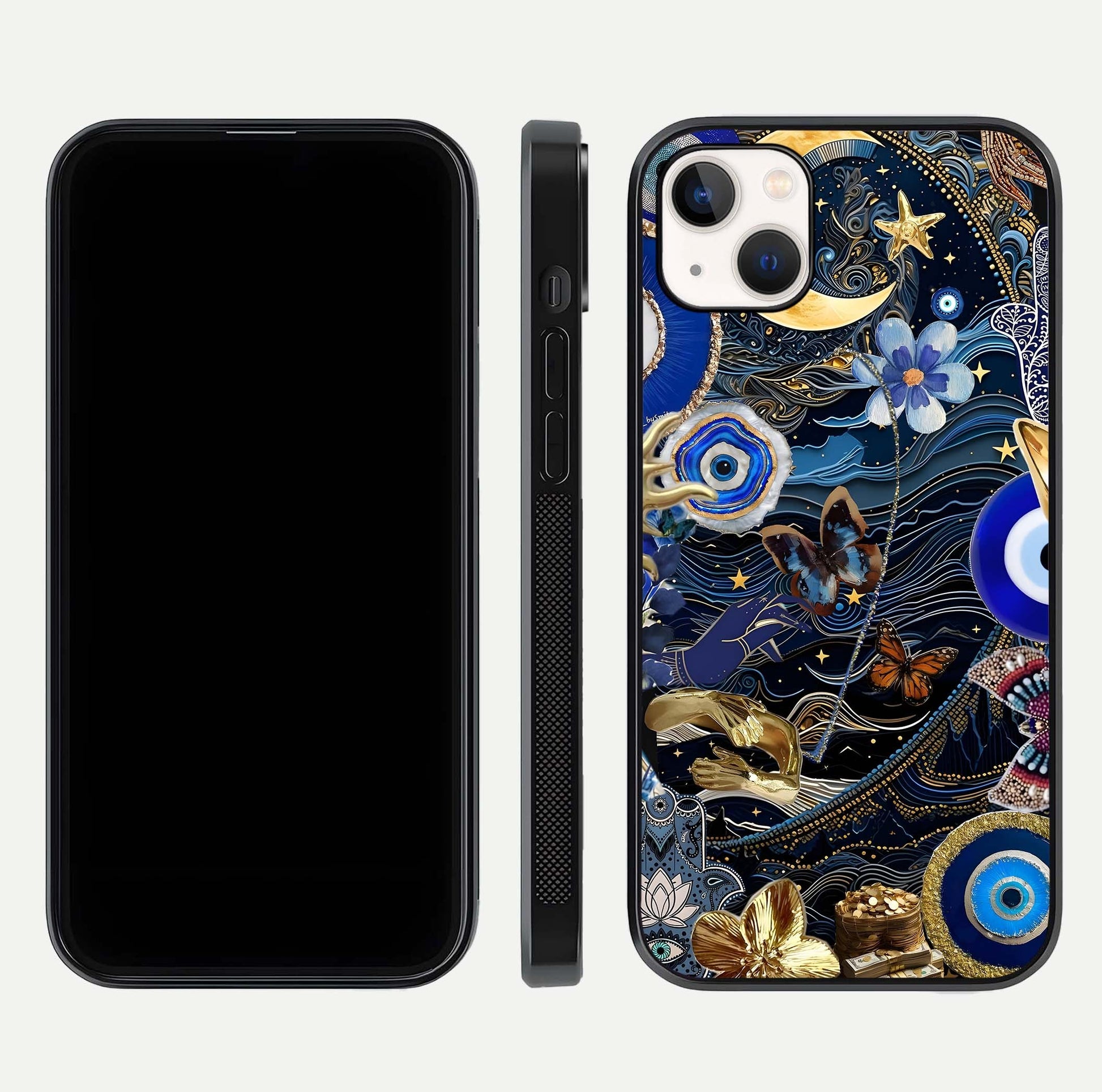 Golden Moon Magic Glass Case for iPhone 14 Plus front and back view layout highlighting celestial tones and curved glass