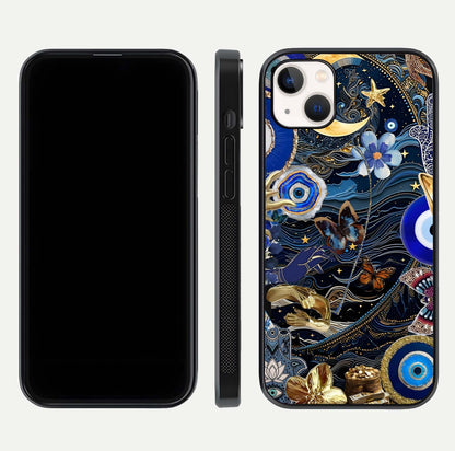 Golden Moon Magic Glass Case for iPhone 14 Plus front and back view layout highlighting celestial tones and curved glass