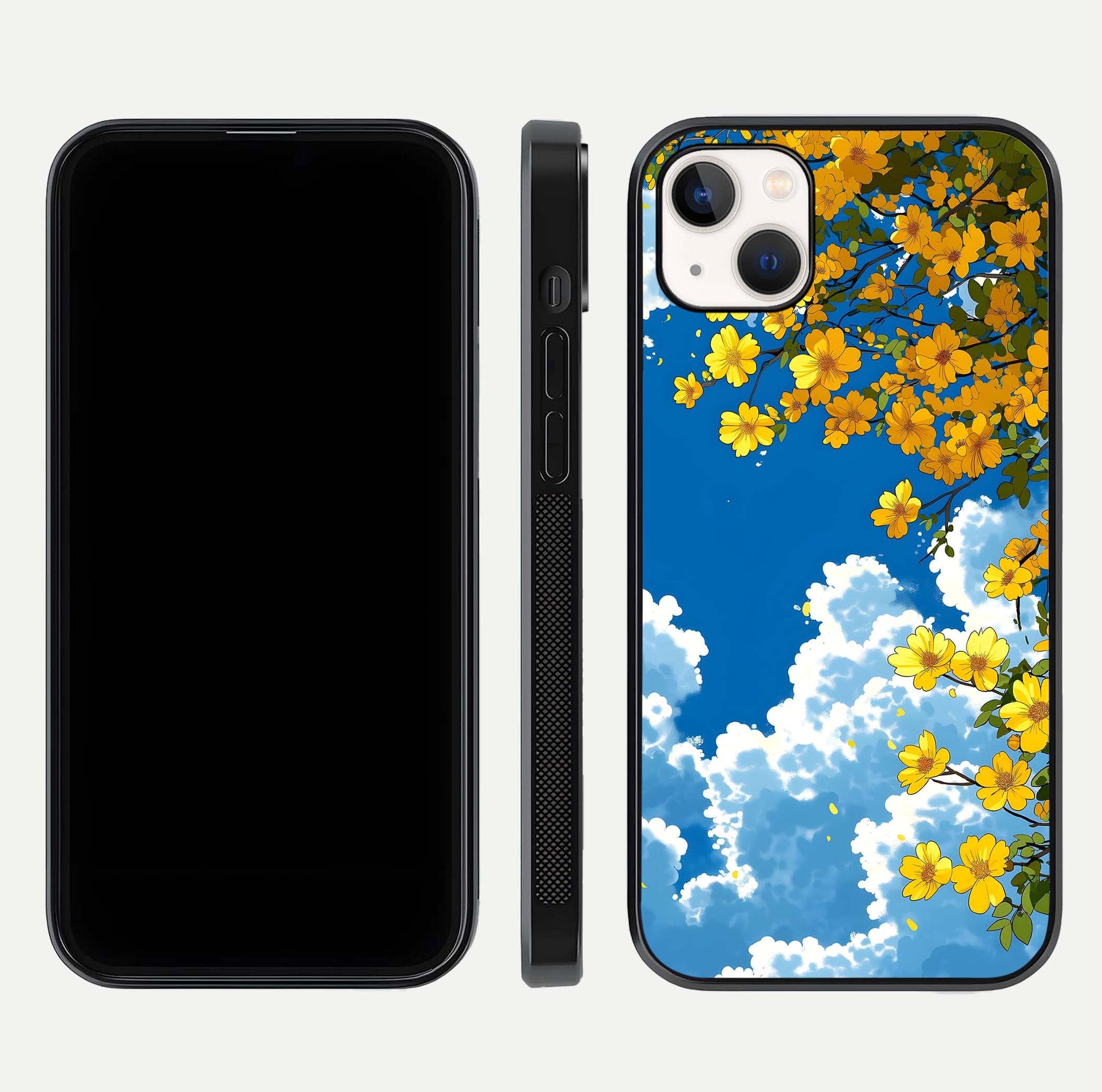 Golden Petal Sky Glass Case for iPhone 14 Plus front and back view layout highlighting floral pattern and curved glass edges