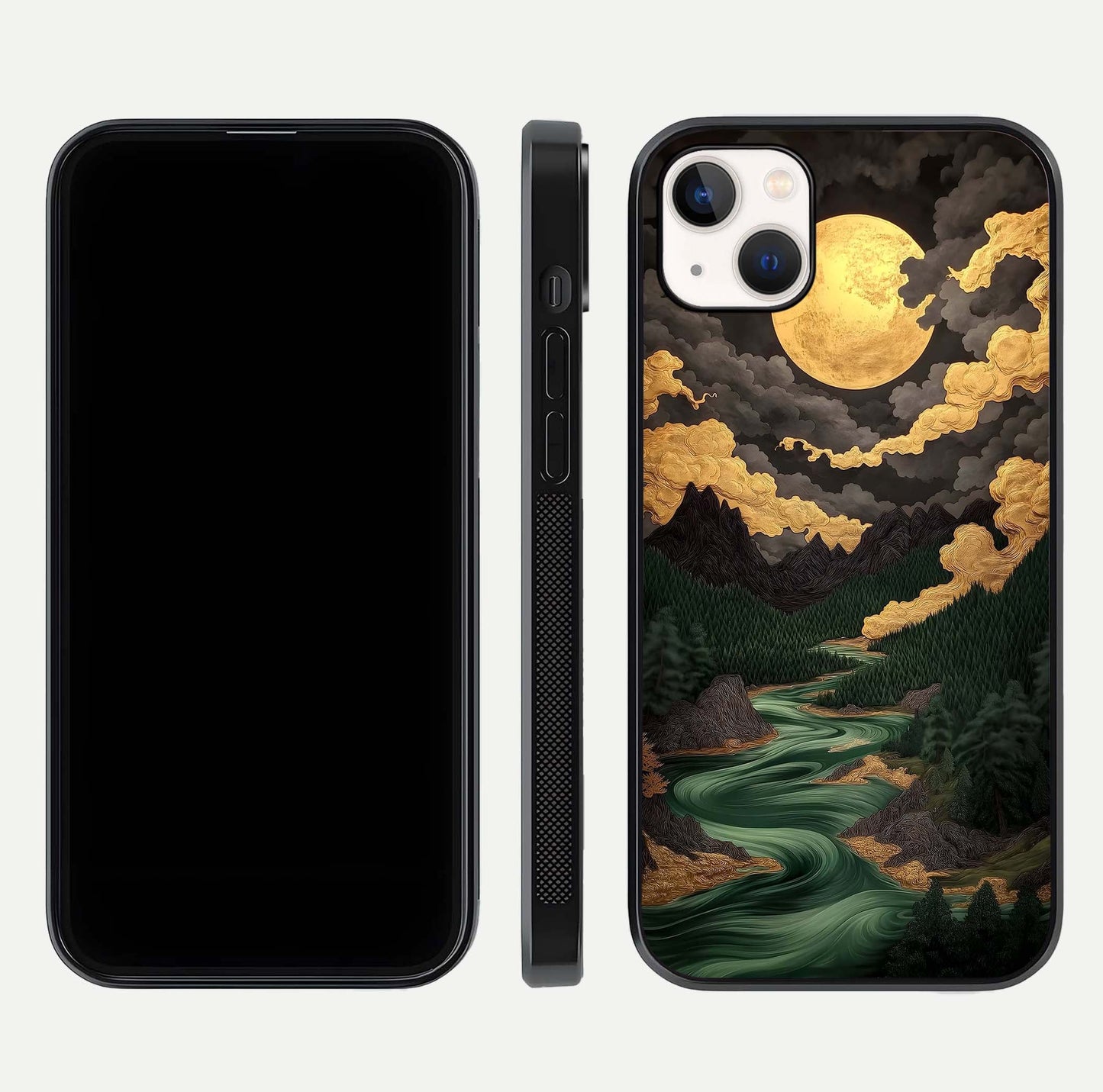 Golden River Moon Glass Case for iPhone 14 Plus front and back view layout displaying celestial glow and smooth curves