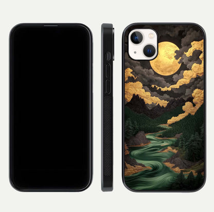 Golden River Moon Glass Case for iPhone 14 Plus front and back view layout displaying celestial glow and smooth curves