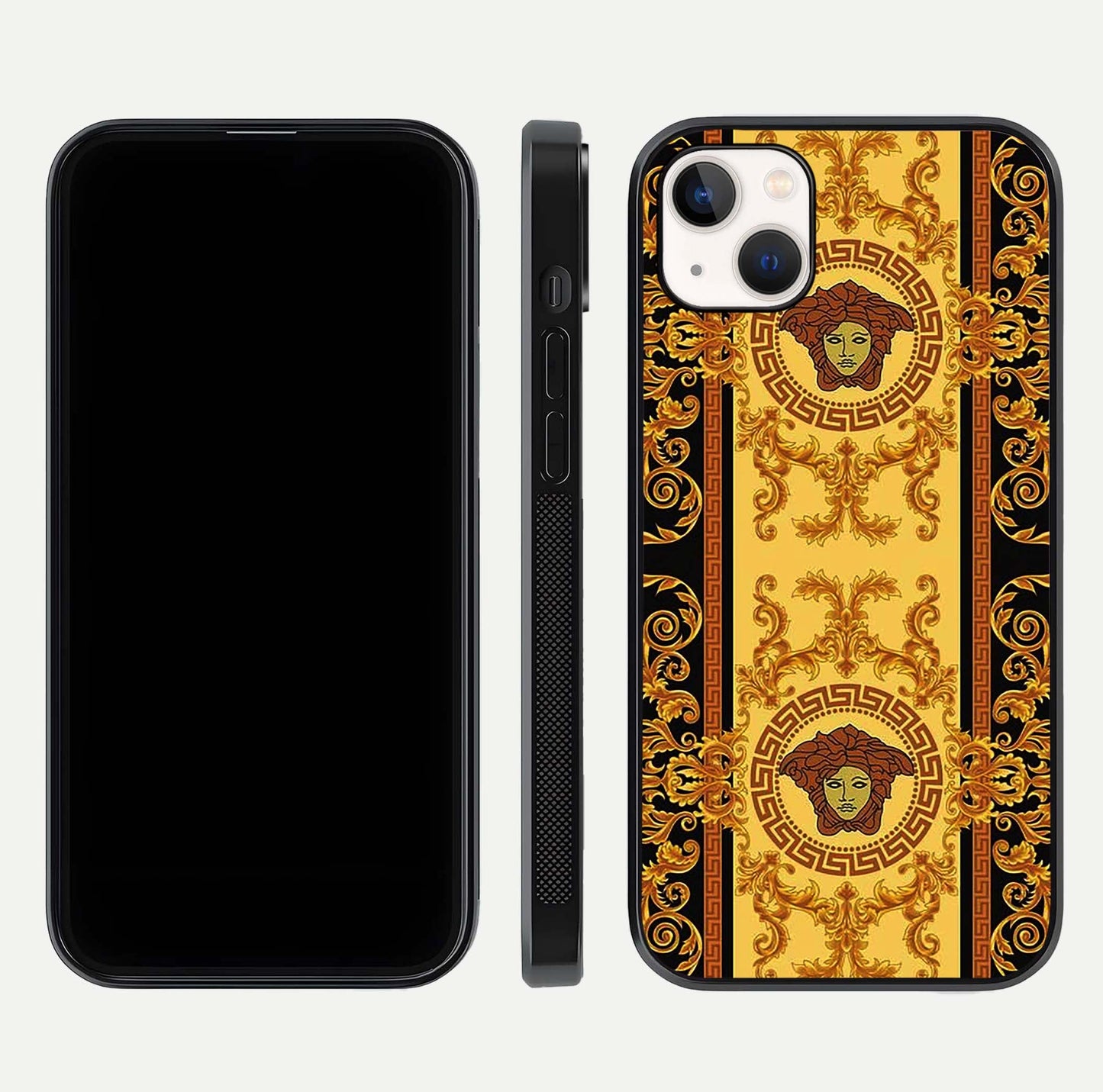 Golden Royal Heritage Glass Case for iPhone 14 Plus front and back view layout displaying ornate gold texture and curved edges