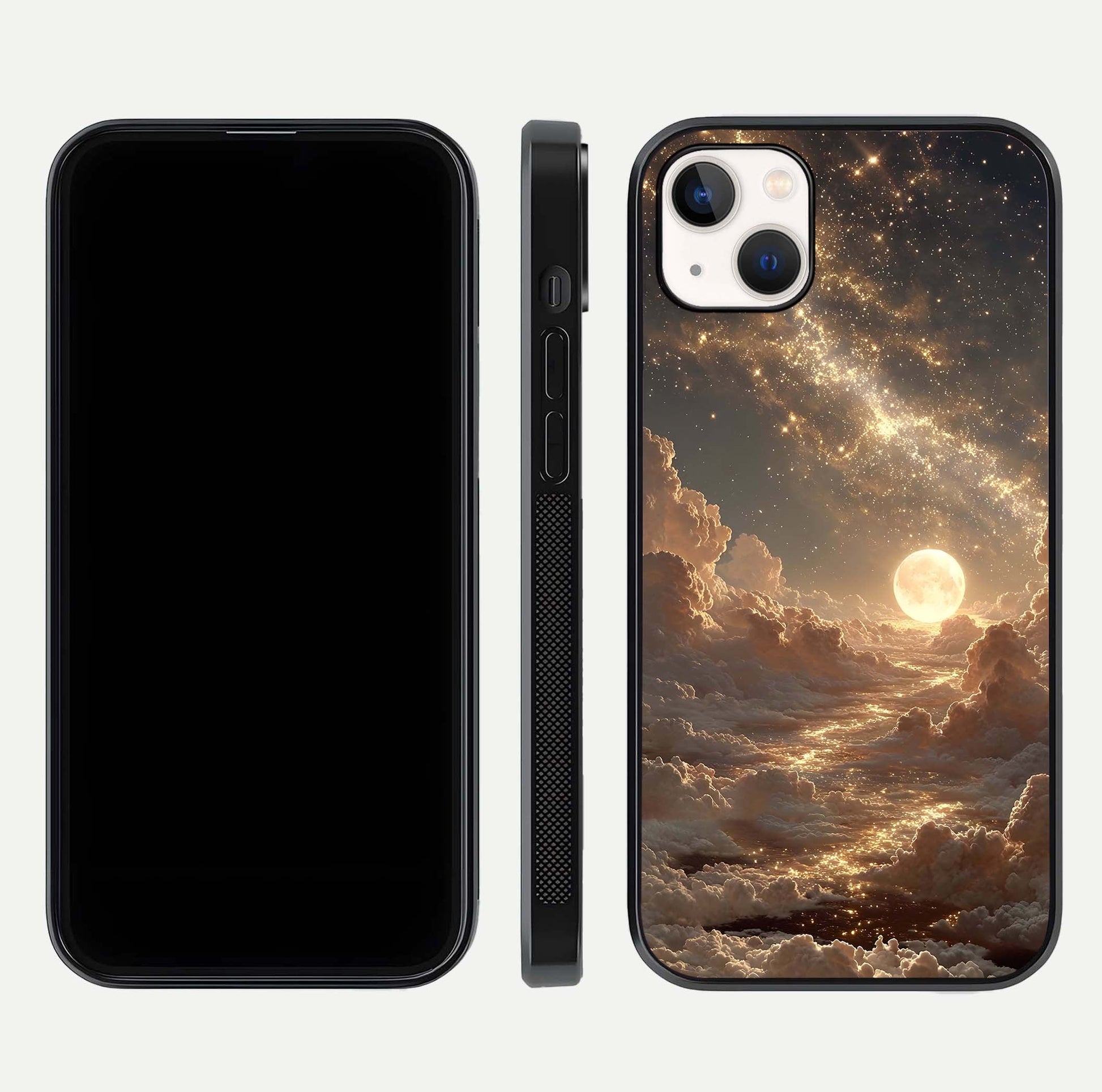 Golden Sky Dream Glass Case for iPhone 14 Plus front and back view layout highlighting celestial gold hues and curved glass