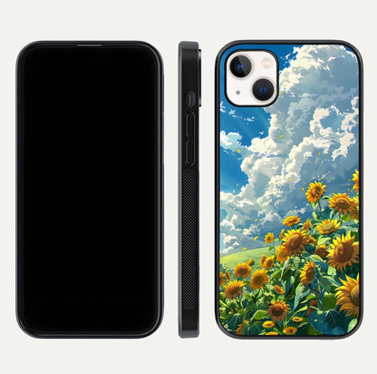 Golden Sun Glory Glass Case for iPhone 14 Plus front and back view layout displaying bright golden tones and curved edges