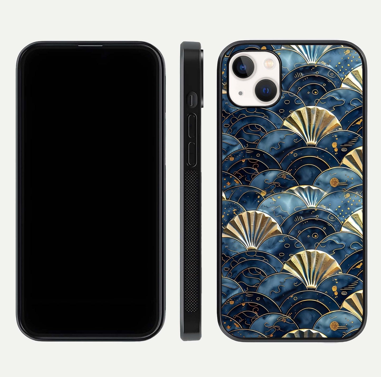 Golden Wave Luxe Glass Case for iPhone 14 Plus front and back view layout highlighting fluid gold design and curved glass