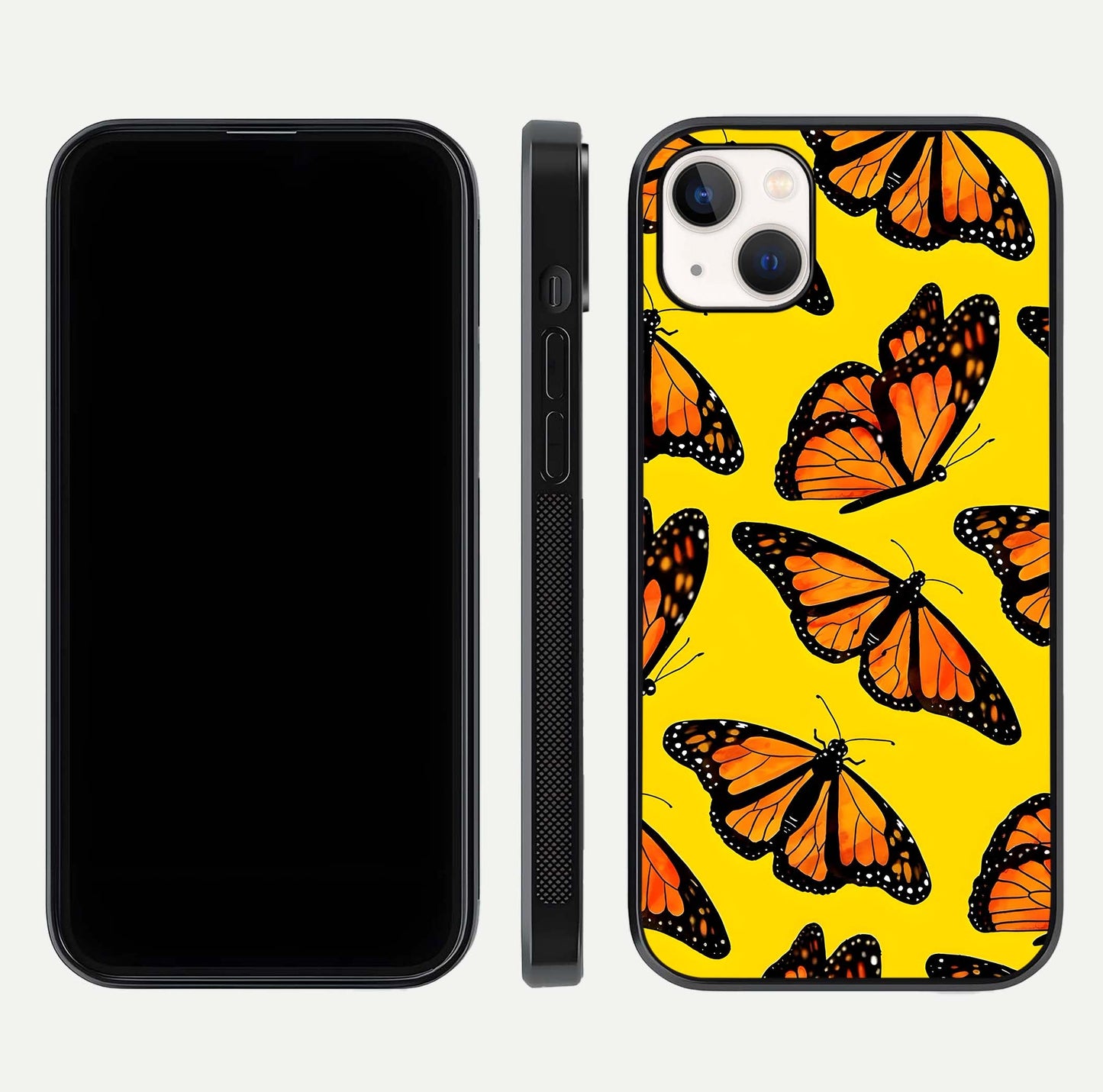 Golden Wing Flight Glass Case for iPhone 14 Plus front and back view layout highlighting graceful lines and curved glass