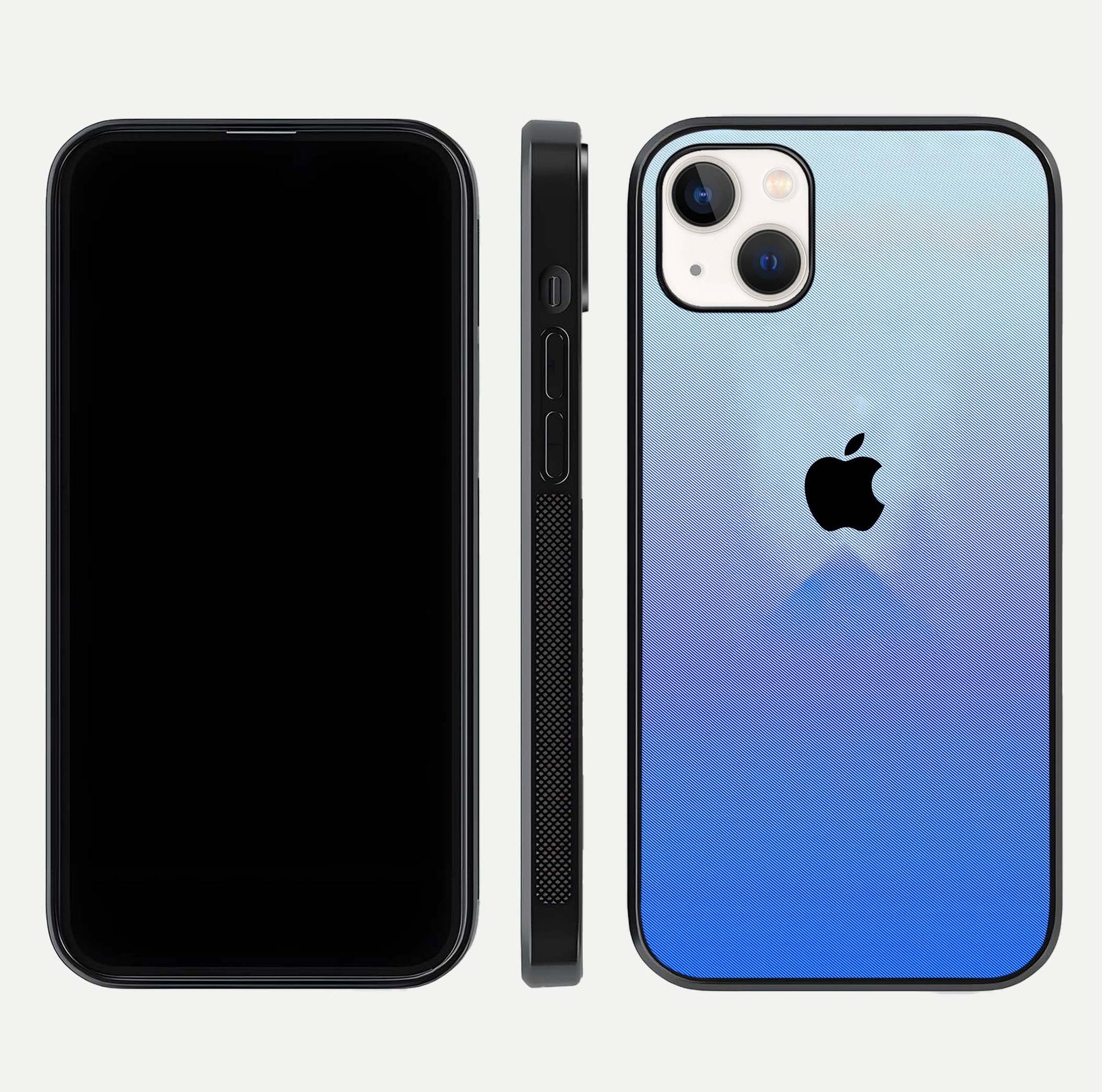 Gradient Apple Vibe Glass Case for iPhone 14 Plus front and back view layout highlighting minimalist Apple design and curved edges