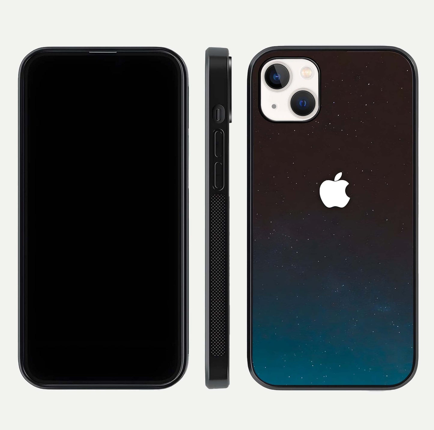 Green Emerald Apple Logo Glass Case for iPhone 14 Plus front and back view layout highlighting vibrant tones and curved glass