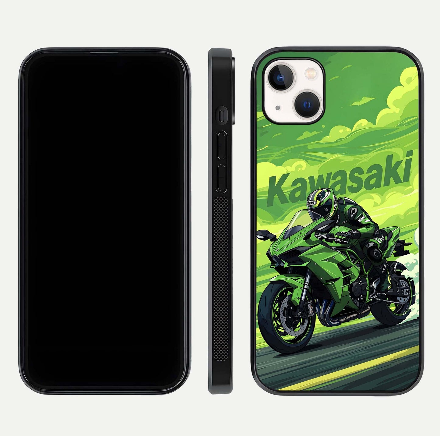 Green Kawasaki Glass Case for iPhone 14 Plus front and back view layout highlighting vivid green tones and curved glass edges