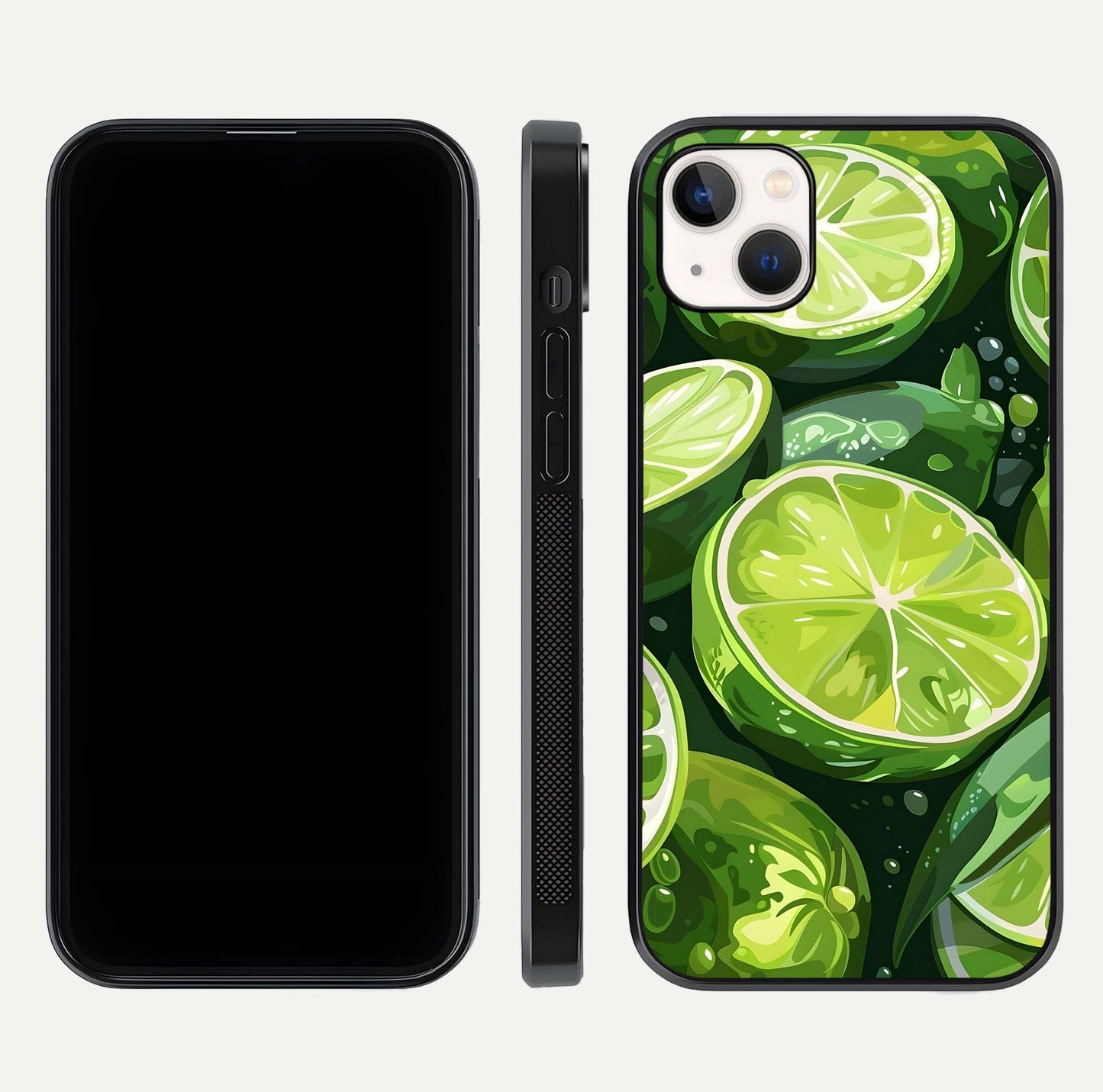 Green Lemon Glass Case for iPhone 14 Plus front and back view layout displaying vibrant yellow-green hues and smooth edges