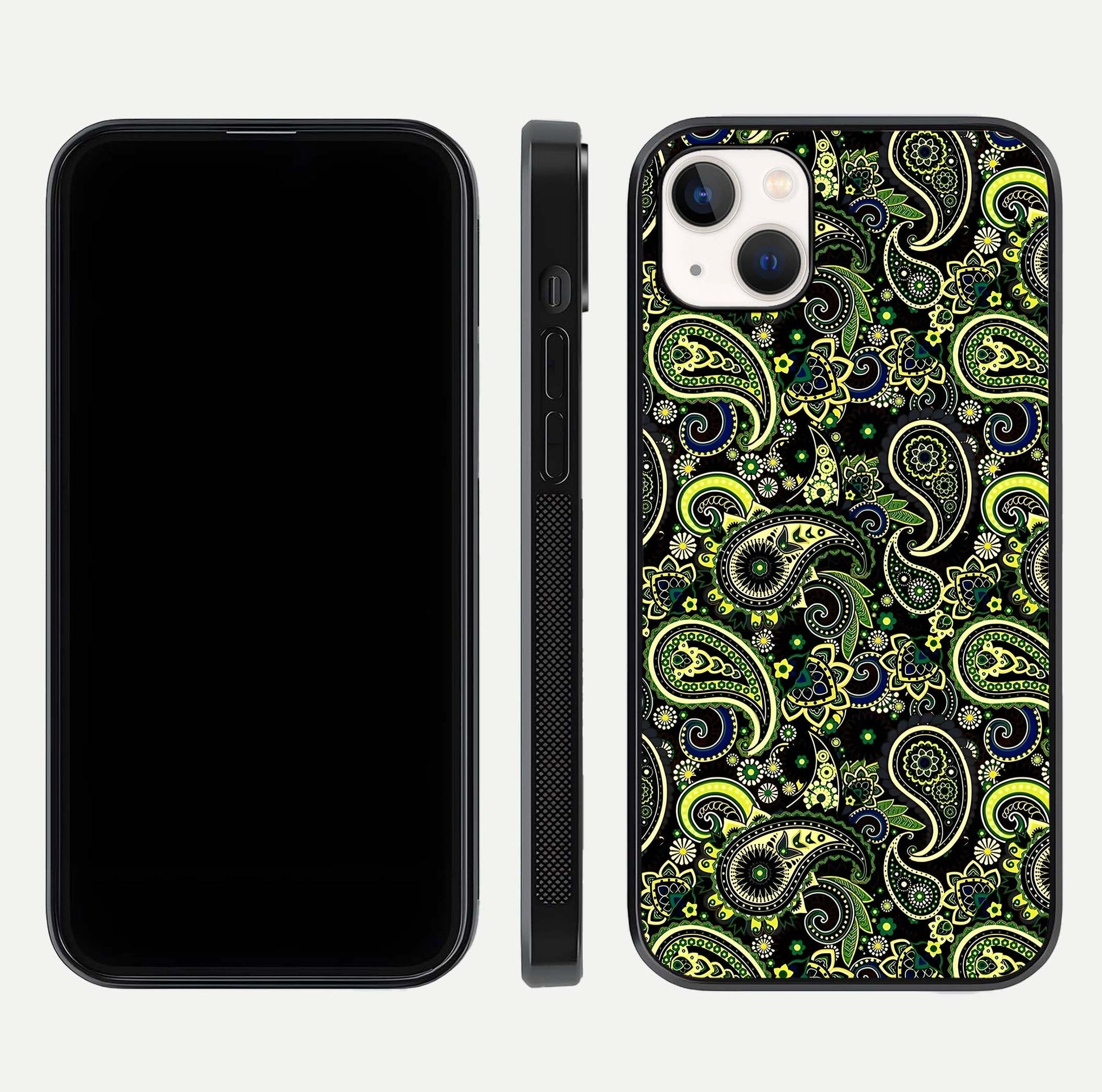Green Mandala Pattern Glass Case for iPhone 14 Plus front and back view layout highlighting geometric art and curved glass
