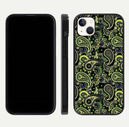 Green Mandala Pattern Glass Case for iPhone 14 Plus front and back view layout highlighting geometric art and curved glass