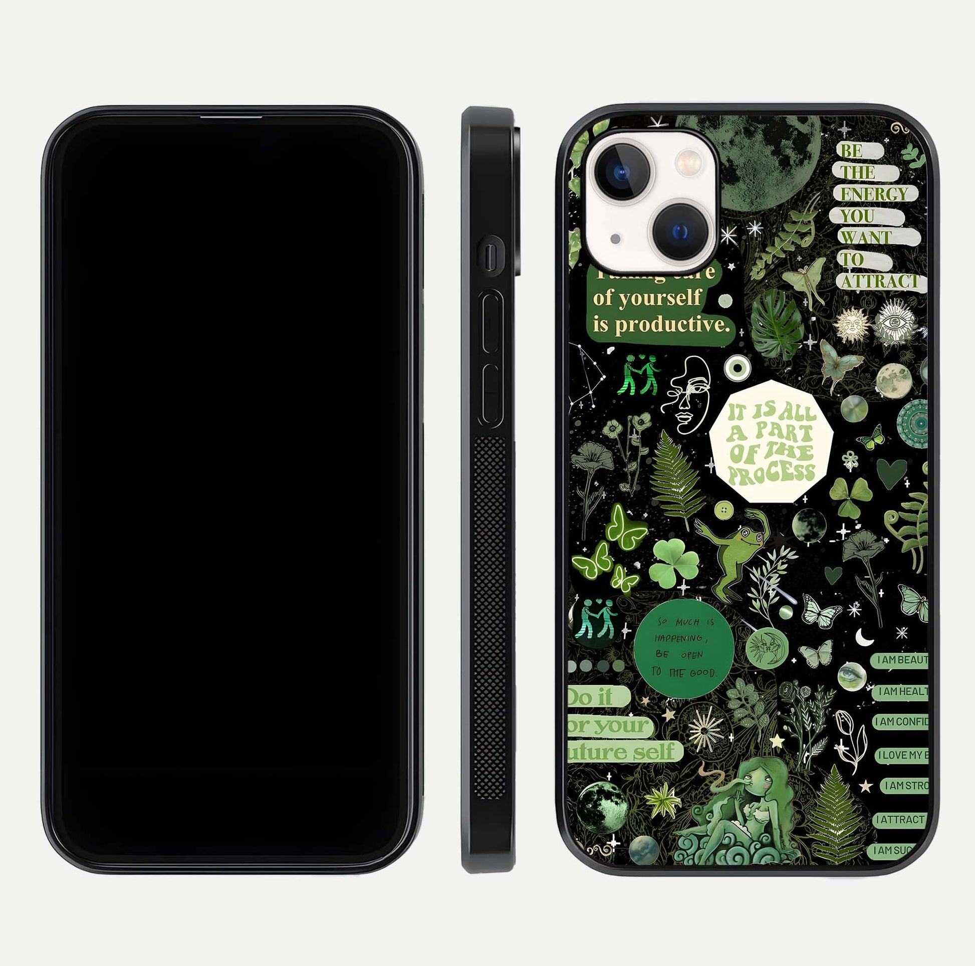 Green Moon Energy Glass Case for iPhone 14 Plus front and back view layout highlighting cosmic tones and smooth edges