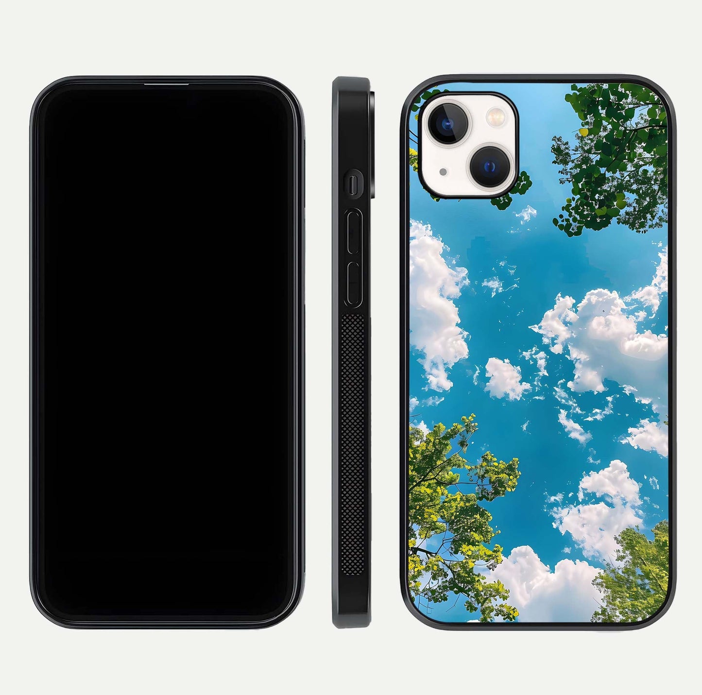 Greenery Sky Glass Case for iPhone 14 Plus front and back view layout displaying scenic green-blue gradient and curved edges