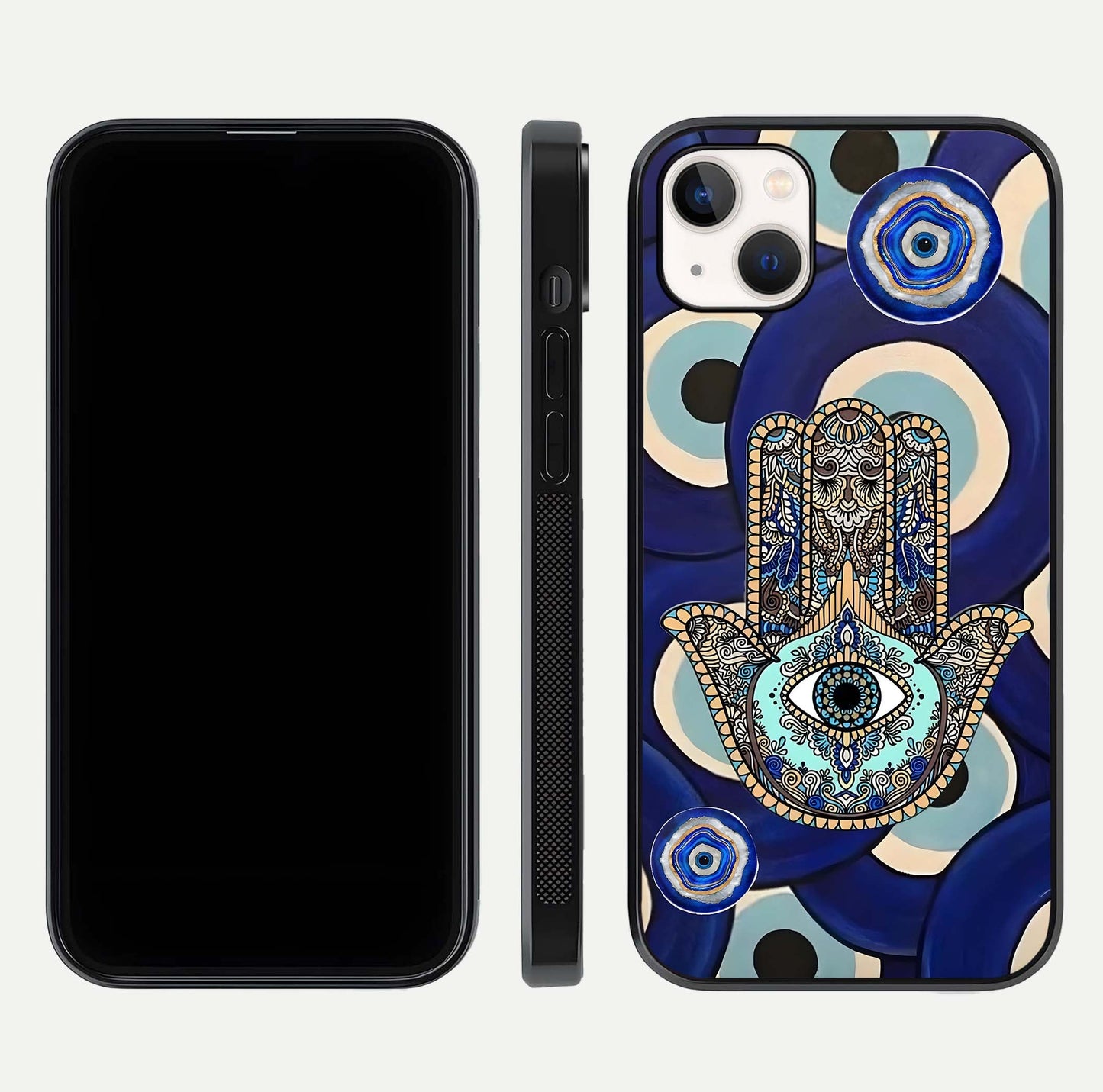 Hamsa Divine Guard Glass Case for iPhone 14 Plus front and back view layout highlighting spiritual artwork and smooth edges