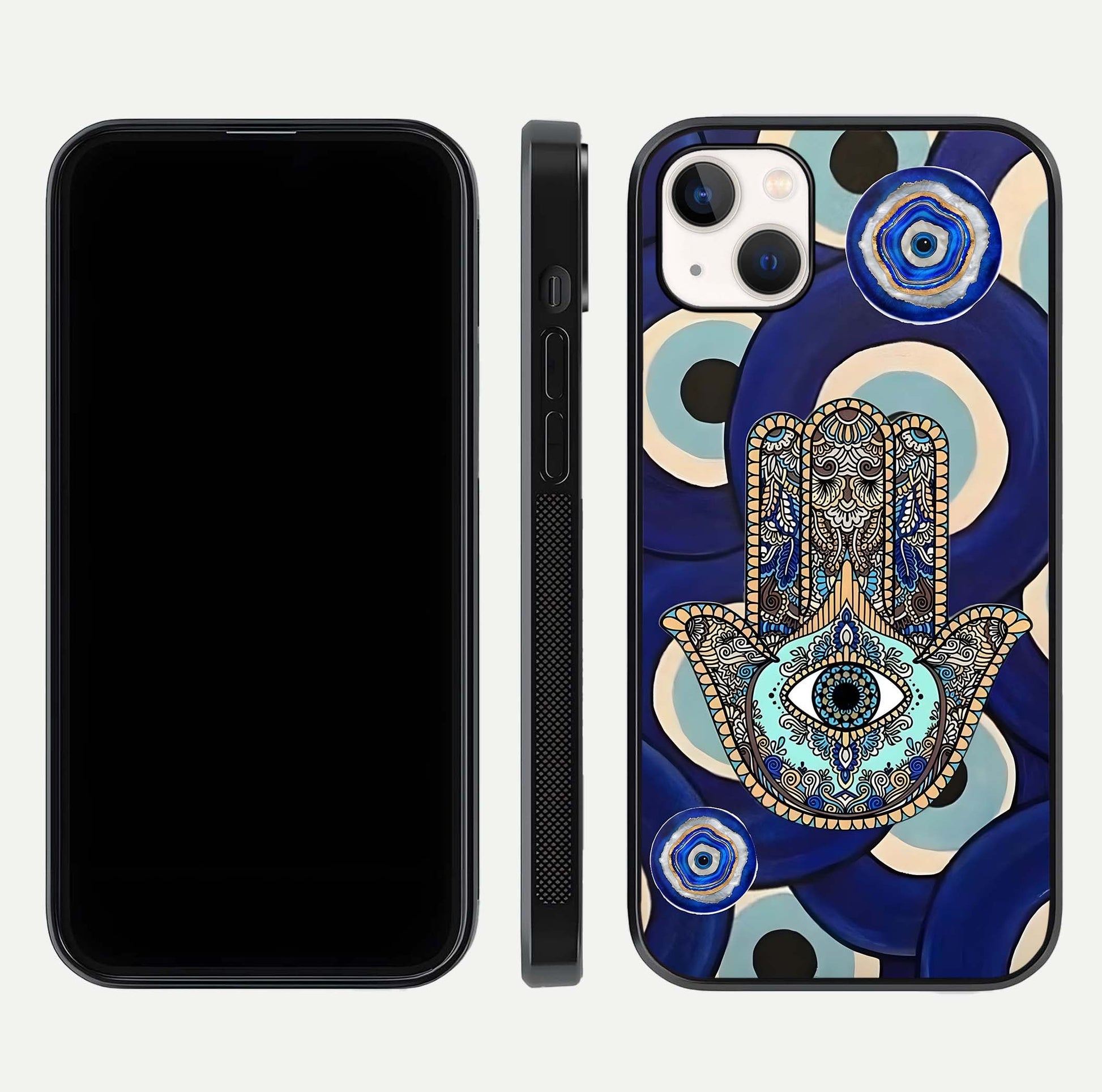 Hamsa Divine Guard Glass Case for iPhone 14 Plus front and back view layout highlighting spiritual artwork and smooth edges