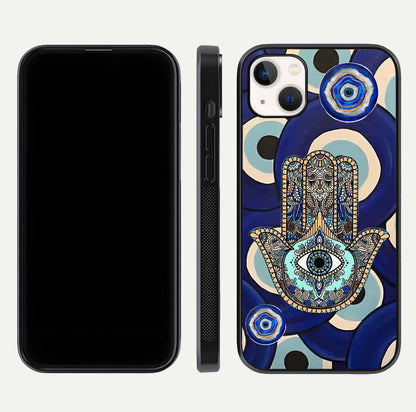 Hamsa Divine Guard Glass Case for iPhone 14 Plus front and back view layout highlighting spiritual artwork and smooth edges