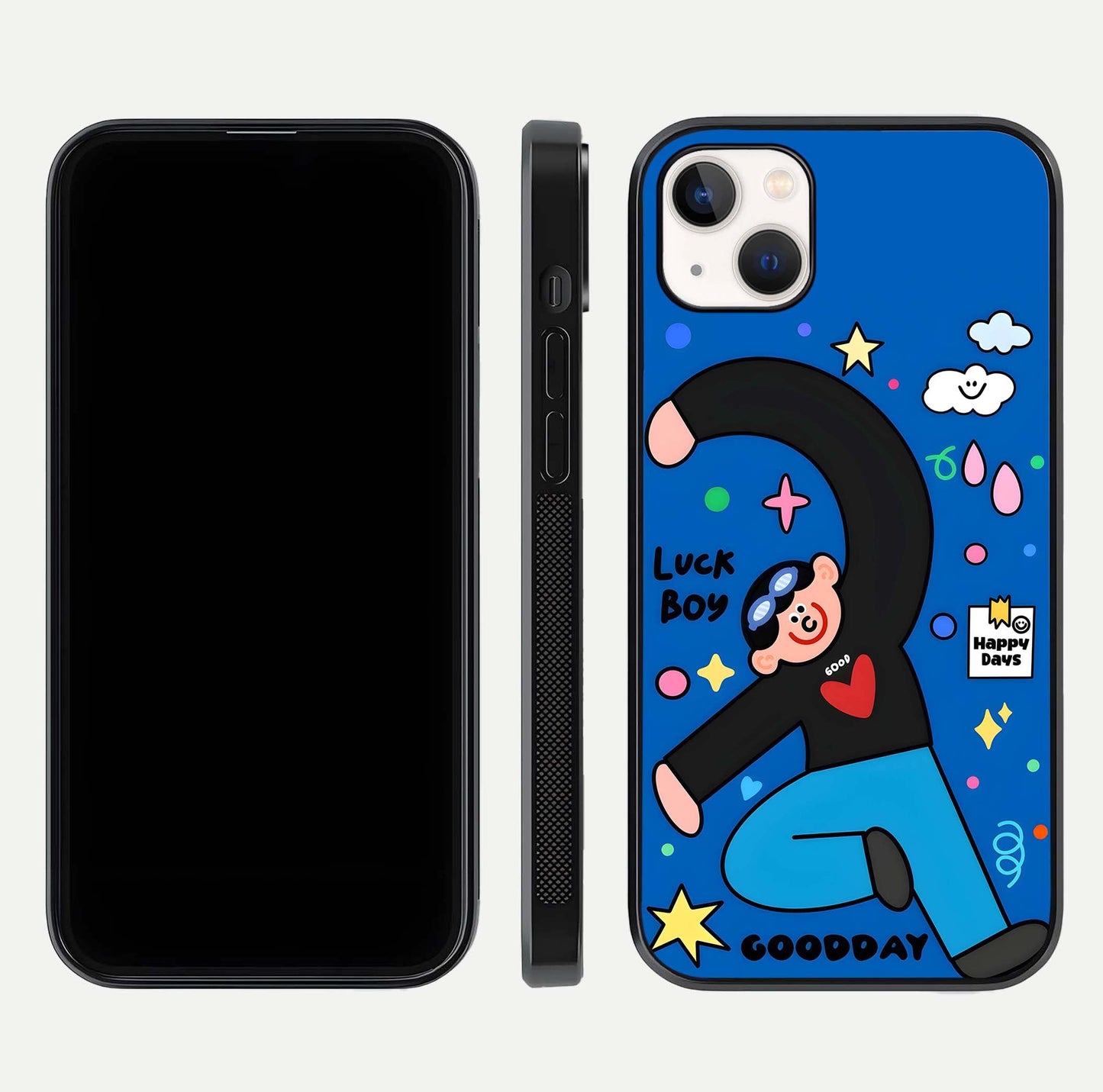 Happy Luck Vibe Glass Case for iPhone 14 Plus front and back view layout highlighting positive motif and curved edges