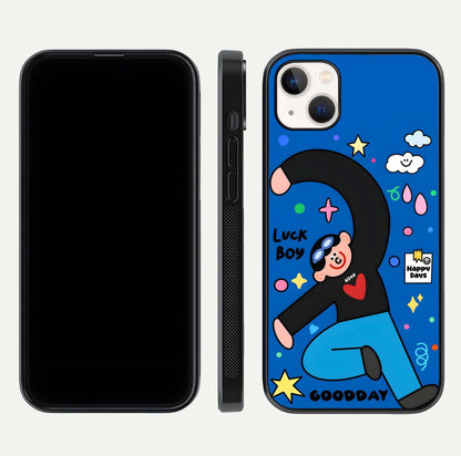 Happy Luck Vibe Glass Case for iPhone 14 Plus front and back view layout highlighting positive motif and curved edges