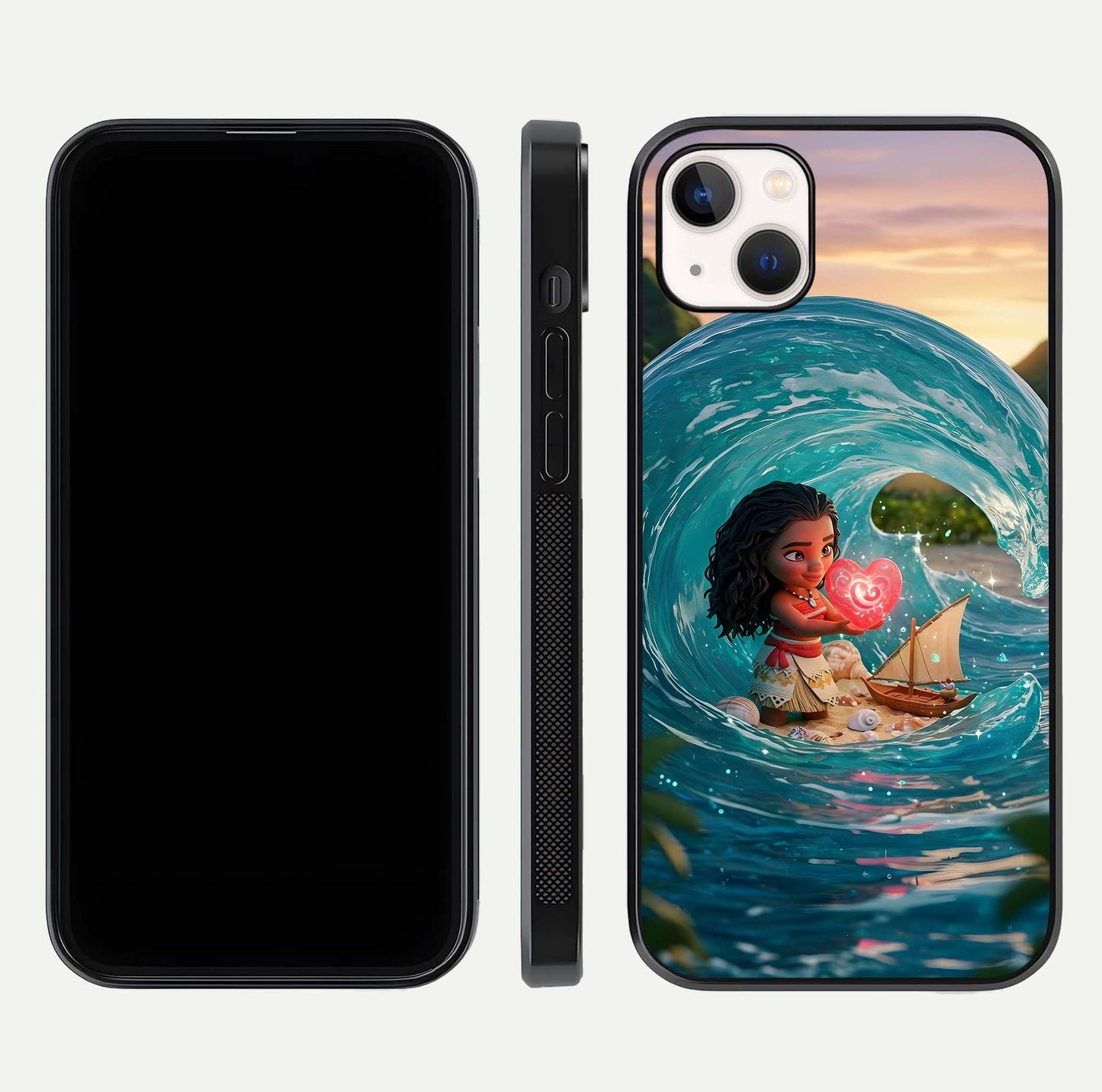 Heart of Ocean Glass Case for iPhone 14 Plus front and back view layout highlighting sea-themed art and curved glass edges