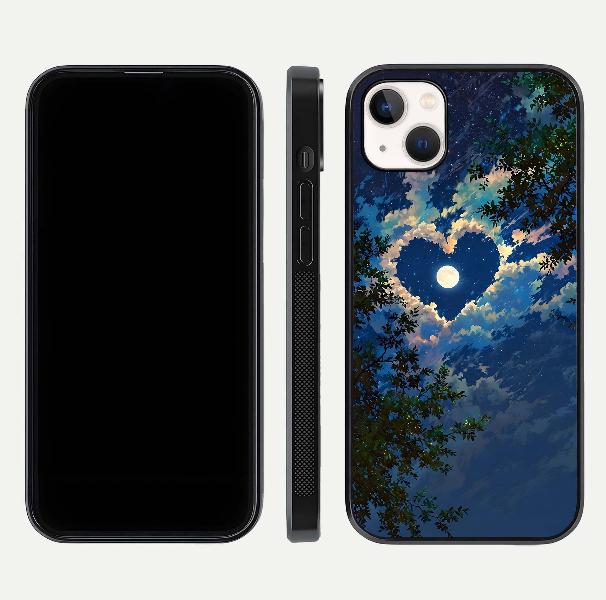 Heart with Moon Sky Glass Case for iPhone 14 Plus front and back view layout displaying celestial tones and curved glass