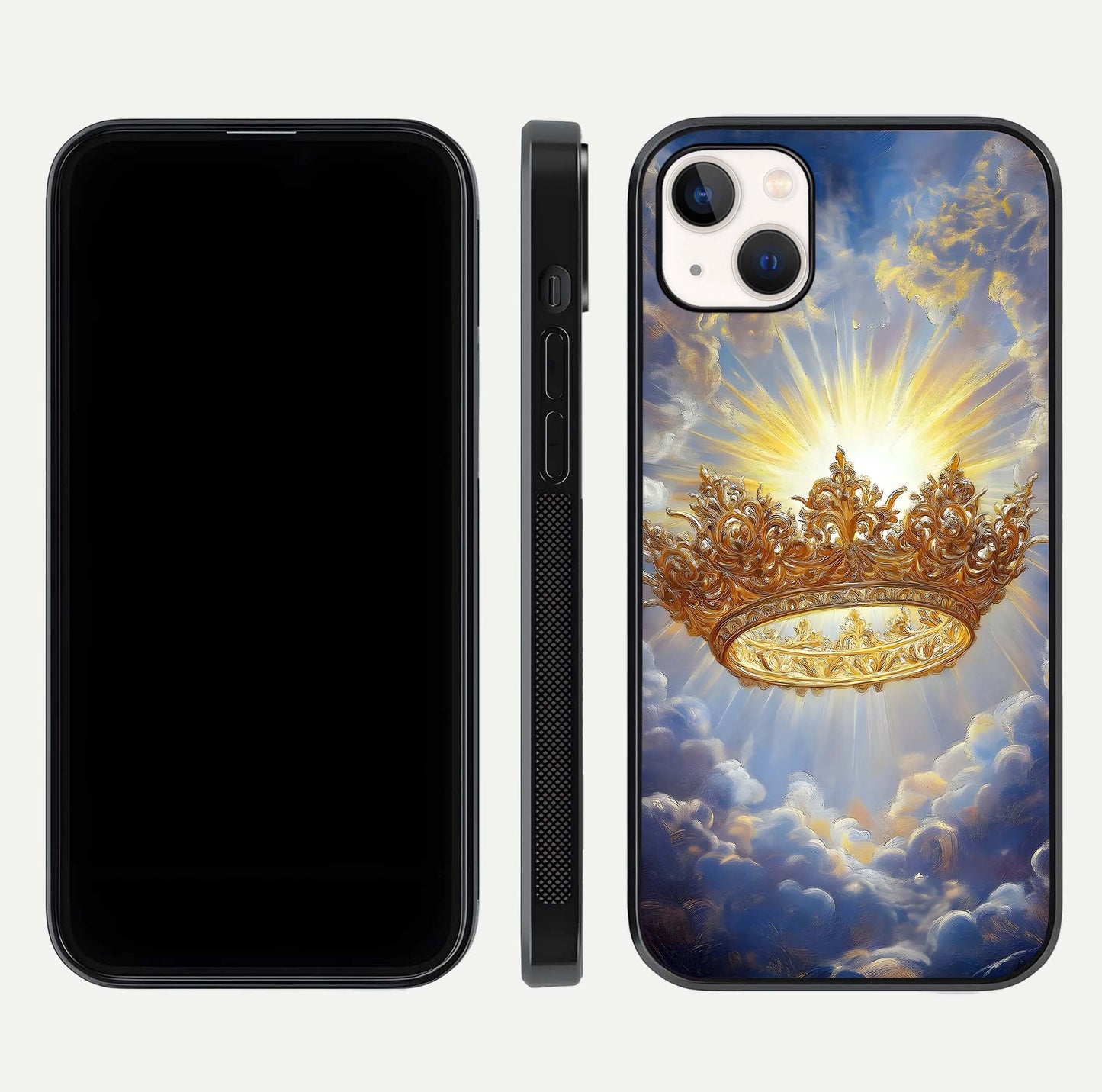 Heavenly Crown Light Glass Case for iPhone 14 Plus front and back view layout highlighting golden aura tones and curved glass edges