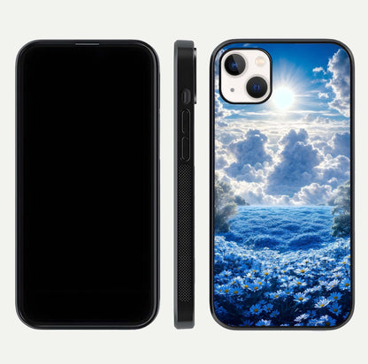 Heavenly Daisy Horizon Glass Case for iPhone 14 Plus front and back view layout highlighting floral field tones and curved edges