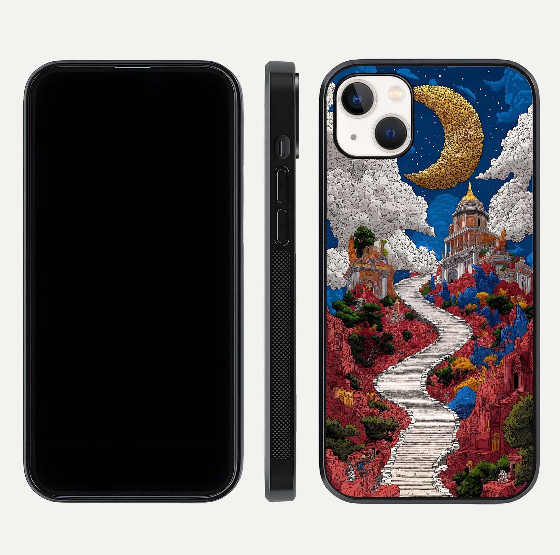 Heavenly Moon Path Glass Case for iPhone 14 Plus front and back view layout displaying night sky tones and curved glass edges