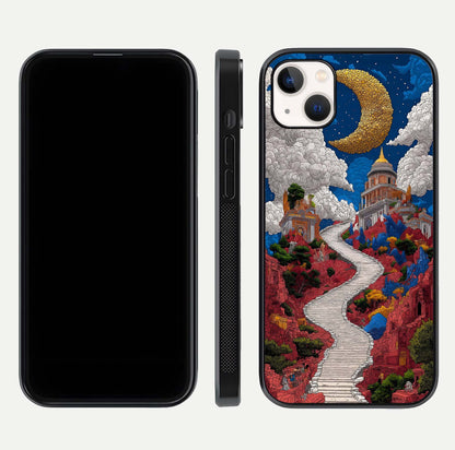 Heavenly Moon Path Glass Case for iPhone 14 Plus front and back view layout displaying night sky tones and curved glass edges