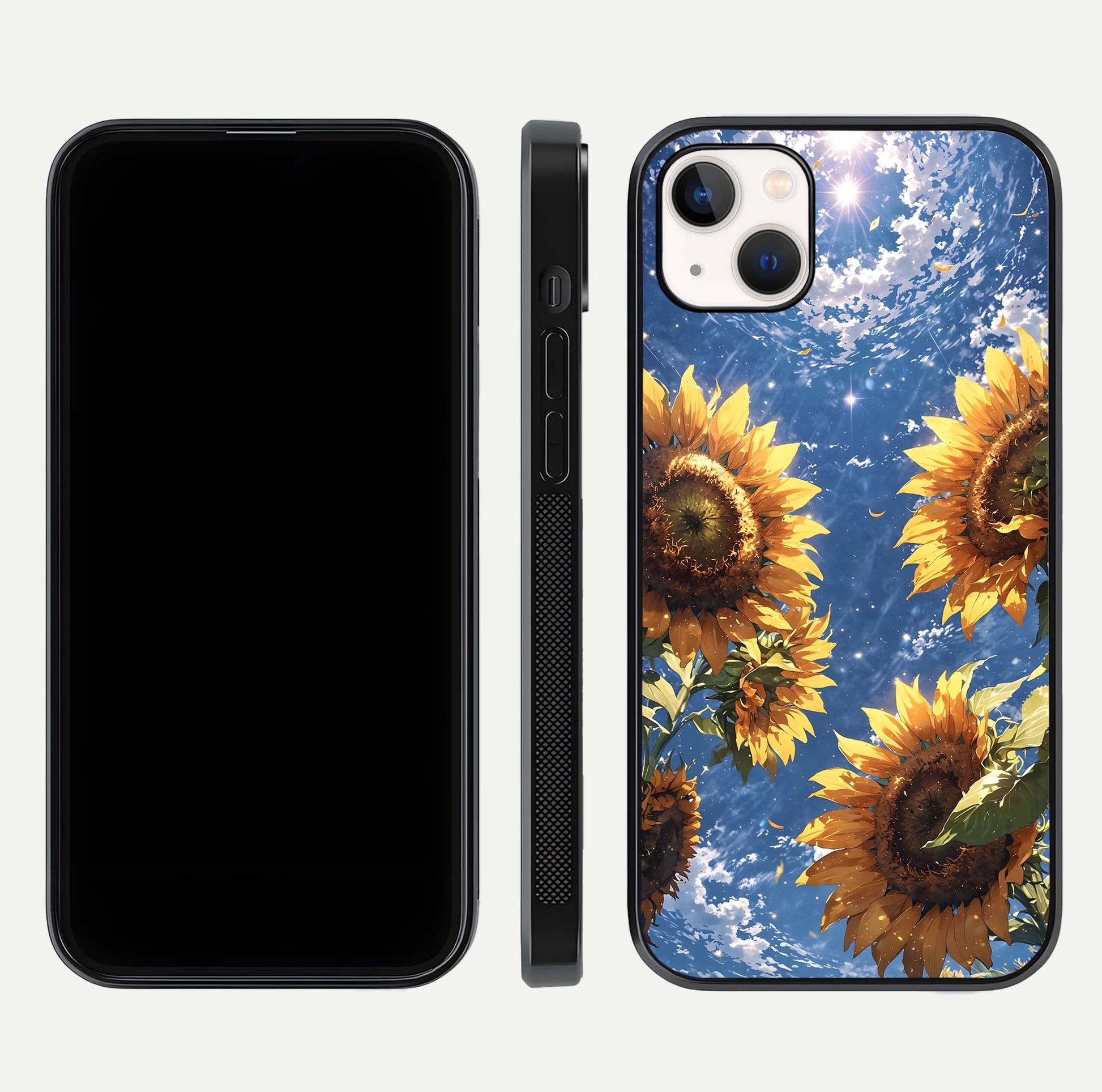 Heavenly Sunflower Rise Glass Case for iPhone 14 Plus front and back view layout highlighting golden floral tones and curved edges