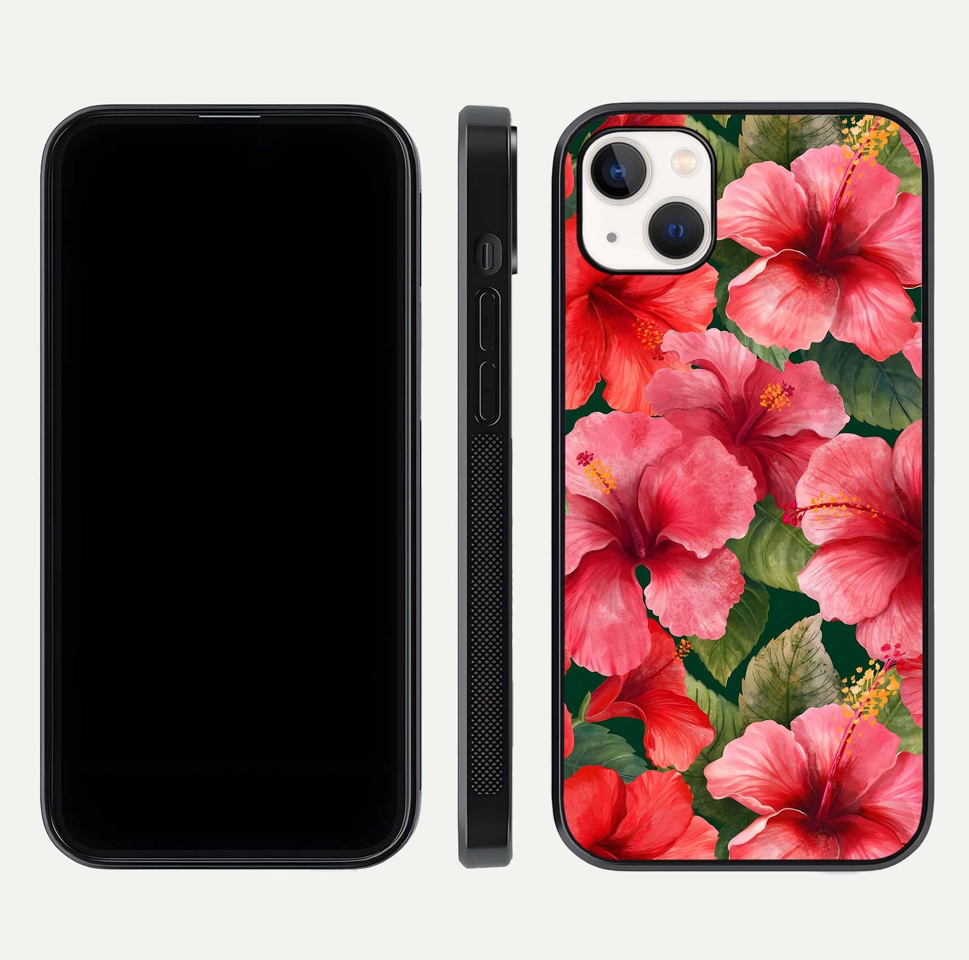 Hibiscus Pattern Glass Case for iPhone 14 Plus front and back view layout highlighting tropical design and curved glass edges