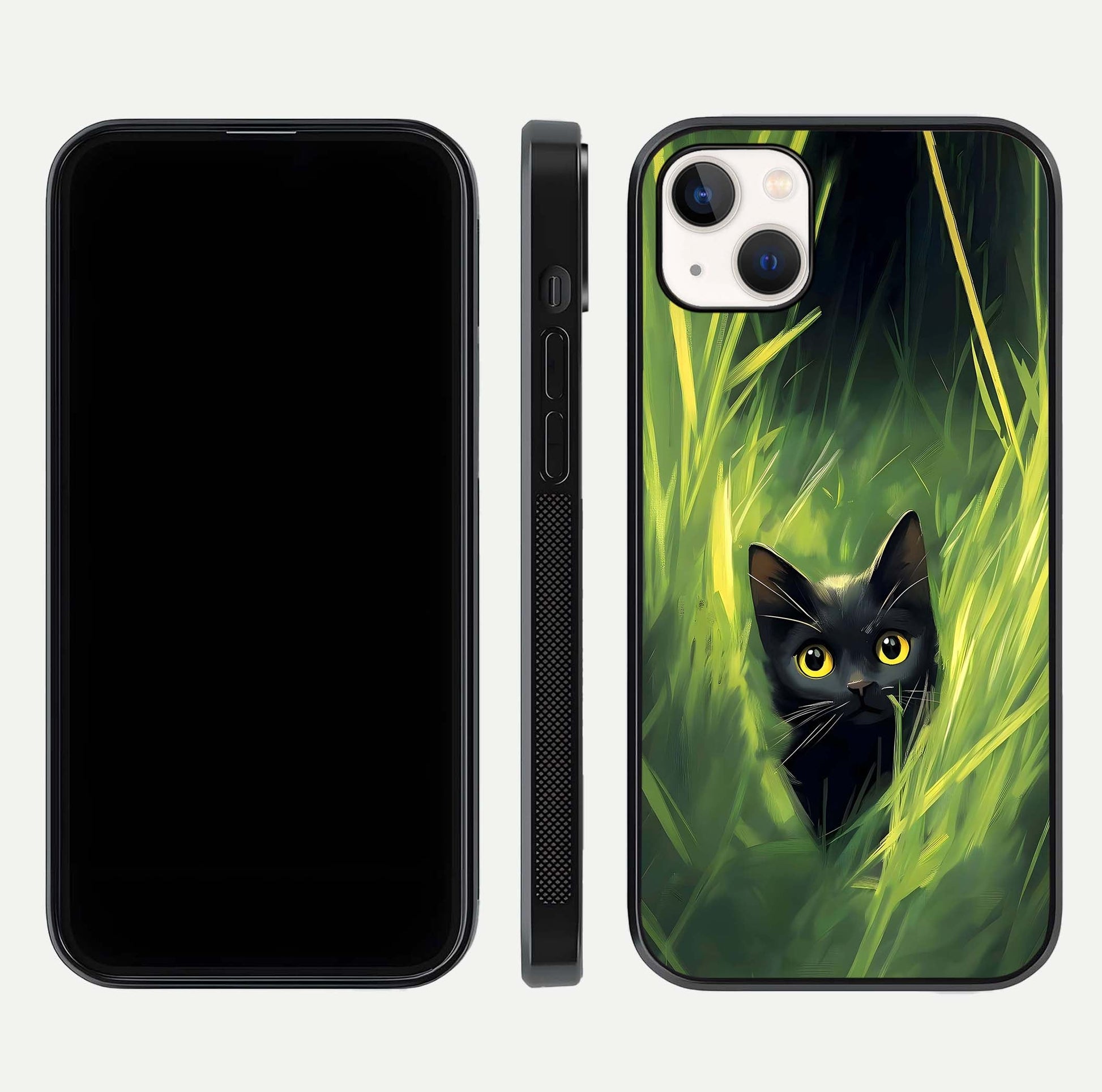 Hidden Cat Whisper Glass Case for iPhone 14 Plus front and back view layout highlighting minimalist art and curved edges