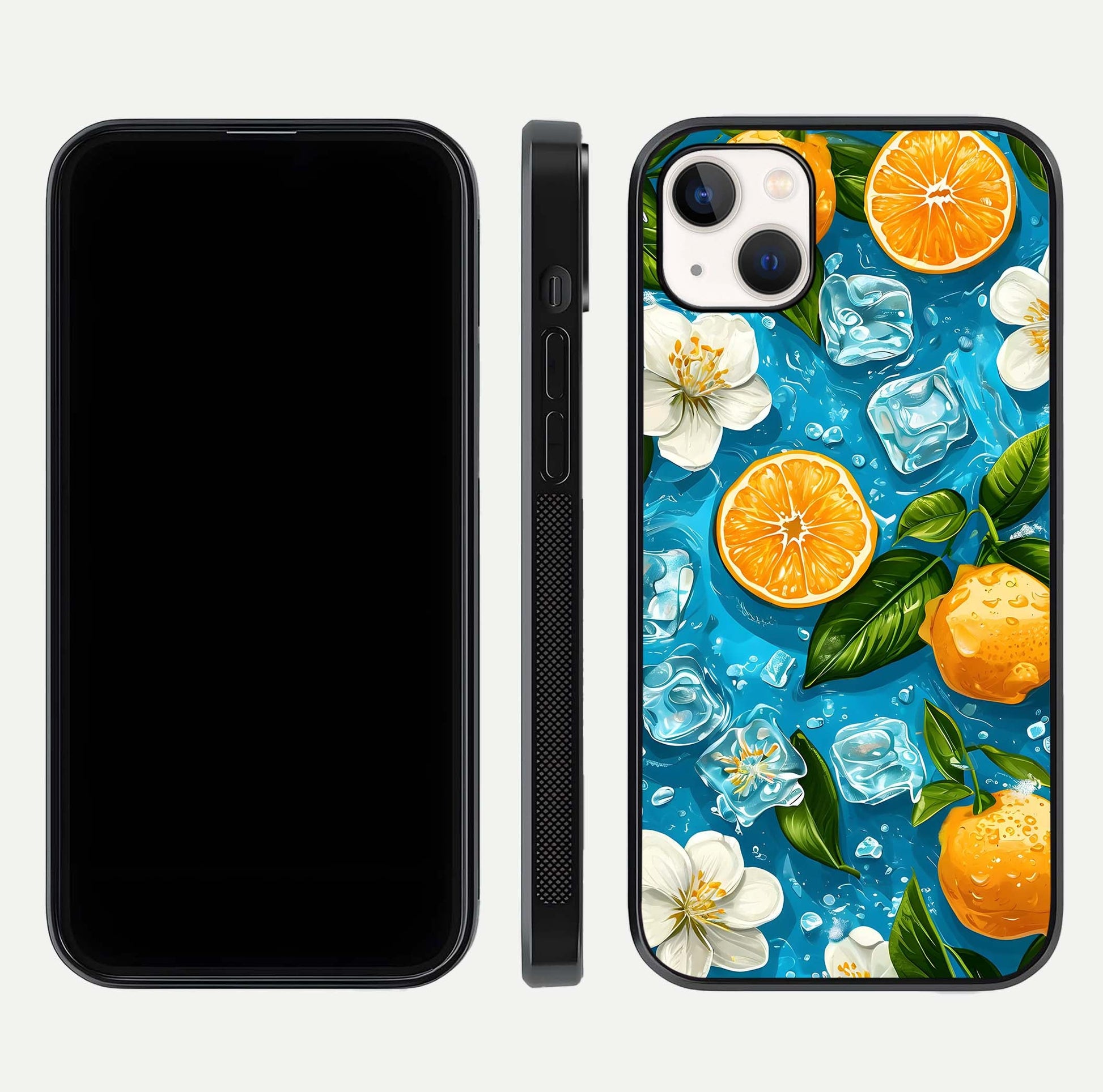 Ice Cube With Orange Glass Case for iPhone 14 Plus front and back view layout highlighting fresh orange tones and curved edges