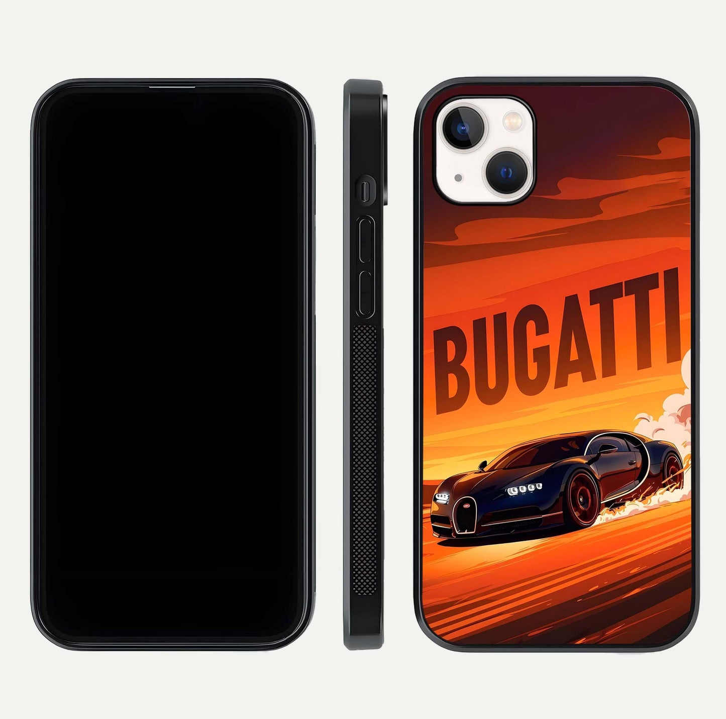 Inferno Bugatti Storm Glass Case for iPhone 14 Plus front and back view layout highlighting car silhouette and curved glass edge