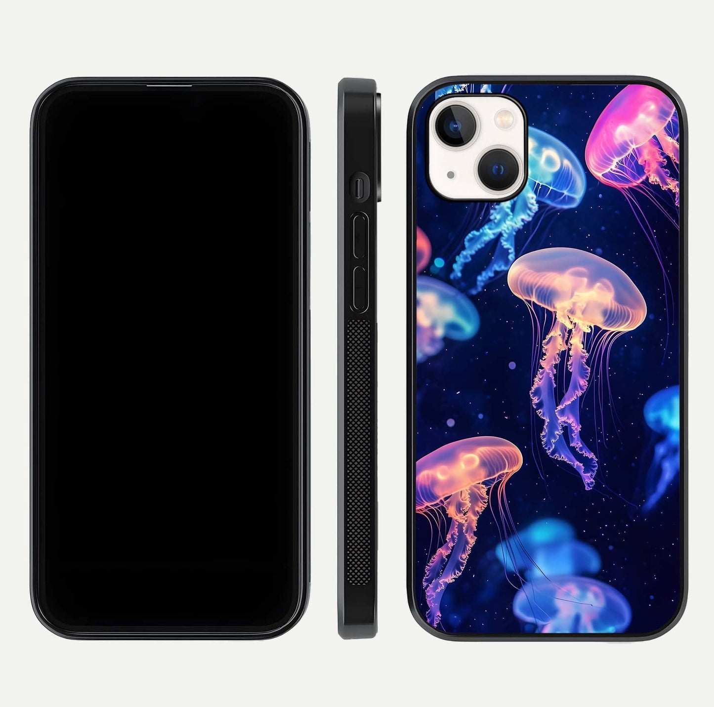 Jellyfish Pattern Glass Case for iPhone 14 Plus front and back view layout highlighting aquatic tones and curved edges