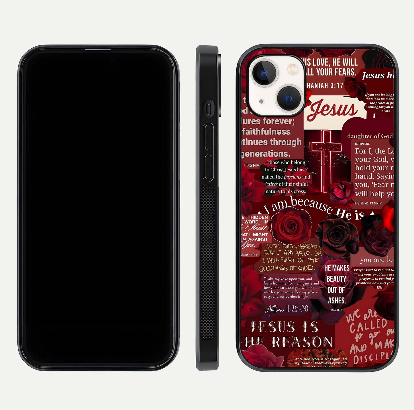 Jesus Love Heals Glass Case for iPhone 14 Plus front and back view layout with elegant typography and smooth edges