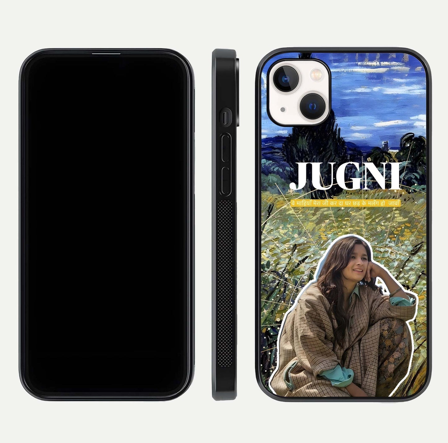 Jugni Soul Vibes Glass Case for iPhone 14 Plus front and back view layout highlighting desi art and curved glass edges