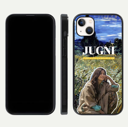 Jugni Soul Vibes Glass Case for iPhone 14 Plus front and back view layout highlighting desi art and curved glass edges