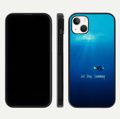 Just Keep Swimming Glass Case for iPhone 14 Plus front and back view layout with smooth glass edges and HD text clarity