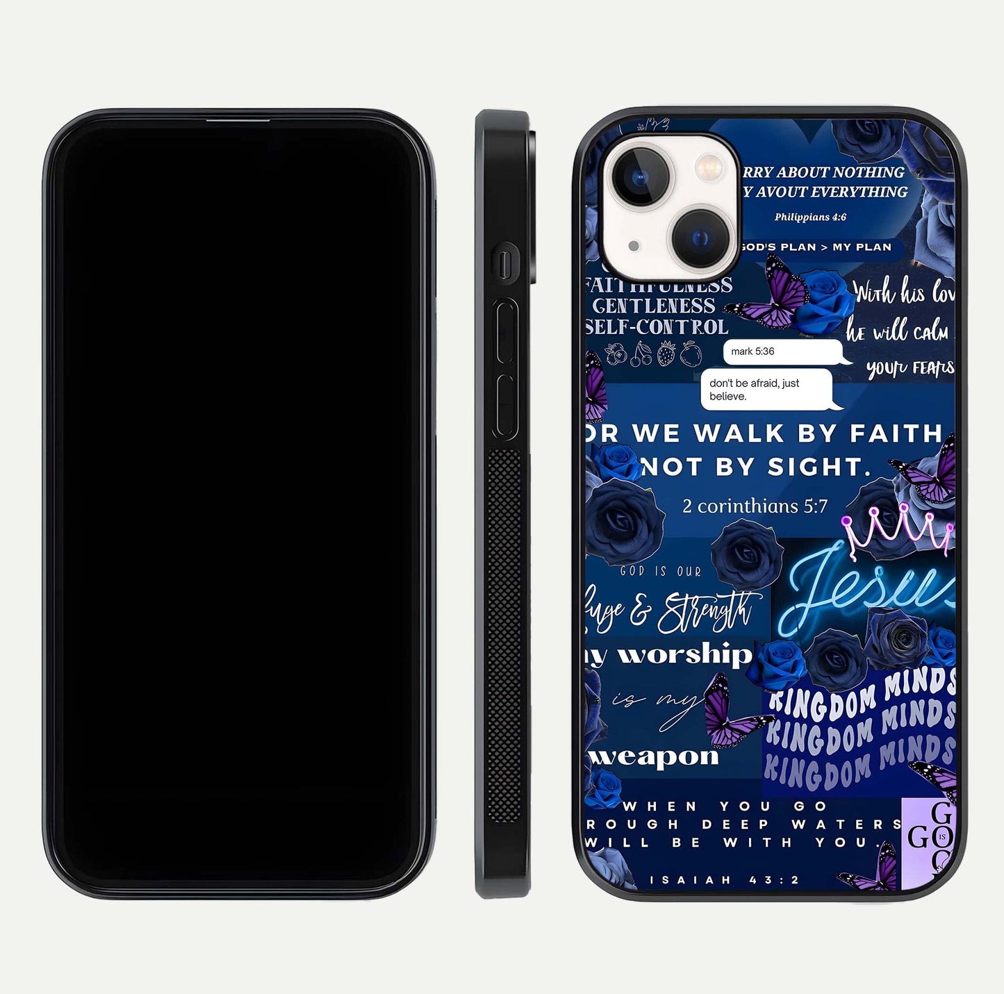 Kingdom Faith Glow Glass Case for iPhone 14 Plus front and back view layout highlighting radiant spiritual design