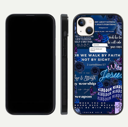 Kingdom Faith Glow Glass Case for iPhone 14 Plus front and back view layout highlighting radiant spiritual design