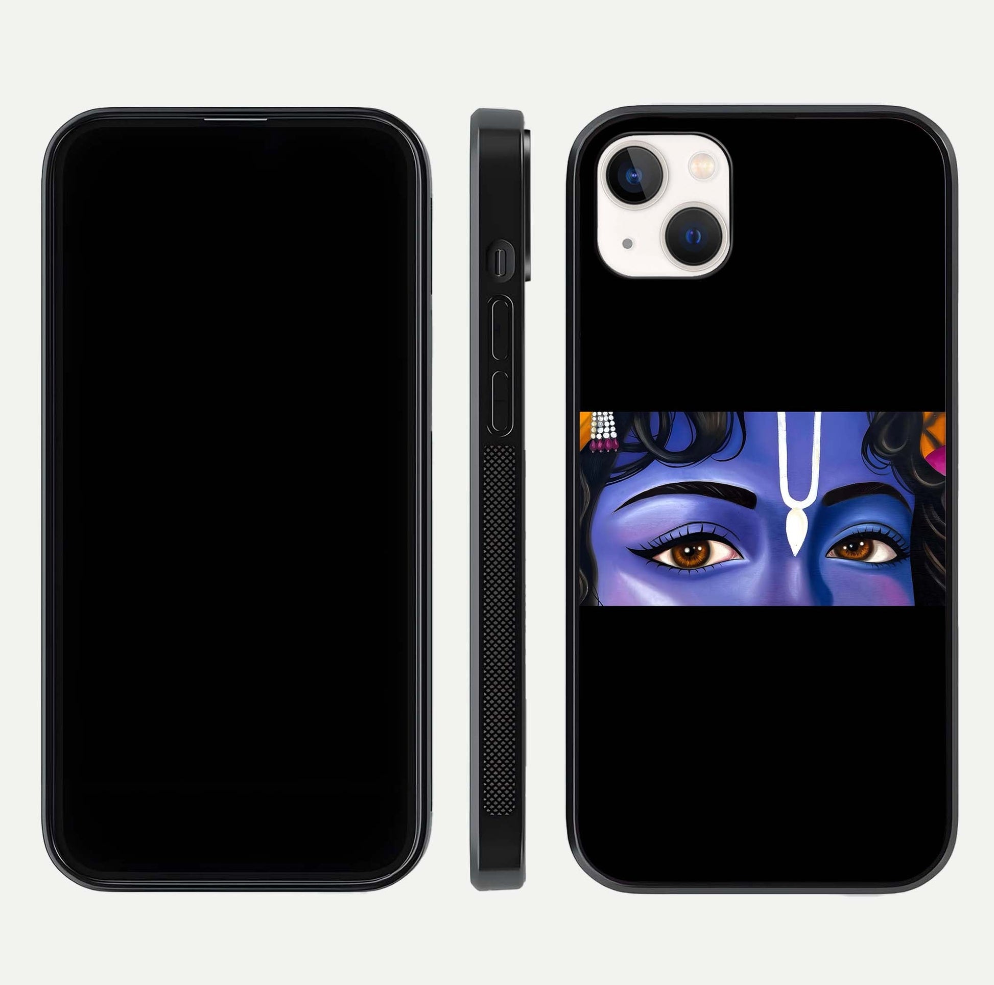 Krishna Eye Glass Case for iPhone 14 Plus front and back view layout highlighting detailed spiritual motif