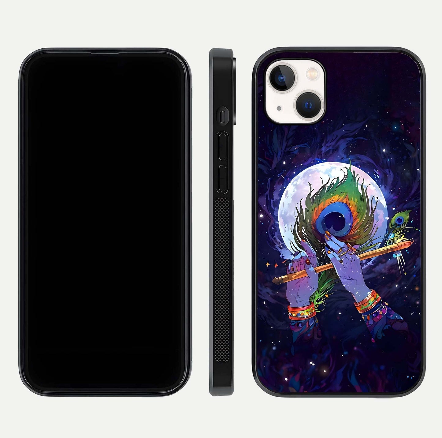 Krishna Hands Art Glass Case for iPhone 14 Plus front and back view layout displaying soft edges and spiritual tones