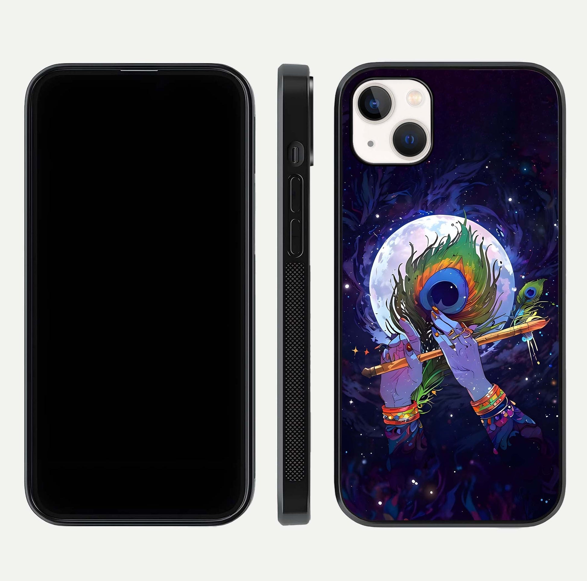 Krishna Hands Art Glass Case for iPhone 14 Plus front and back view layout displaying soft edges and spiritual tones