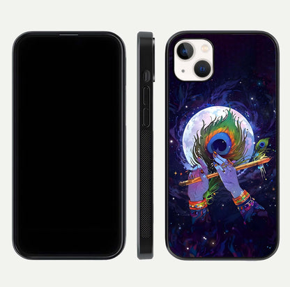 Krishna Hands Art Glass Case for iPhone 14 Plus front and back view layout displaying soft edges and spiritual tones