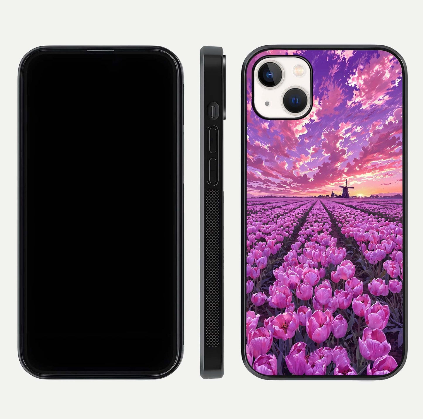 Lavender Dream Skies Glass Case for iPhone 14 Plus front and back view layout highlighting dreamy sky gradient