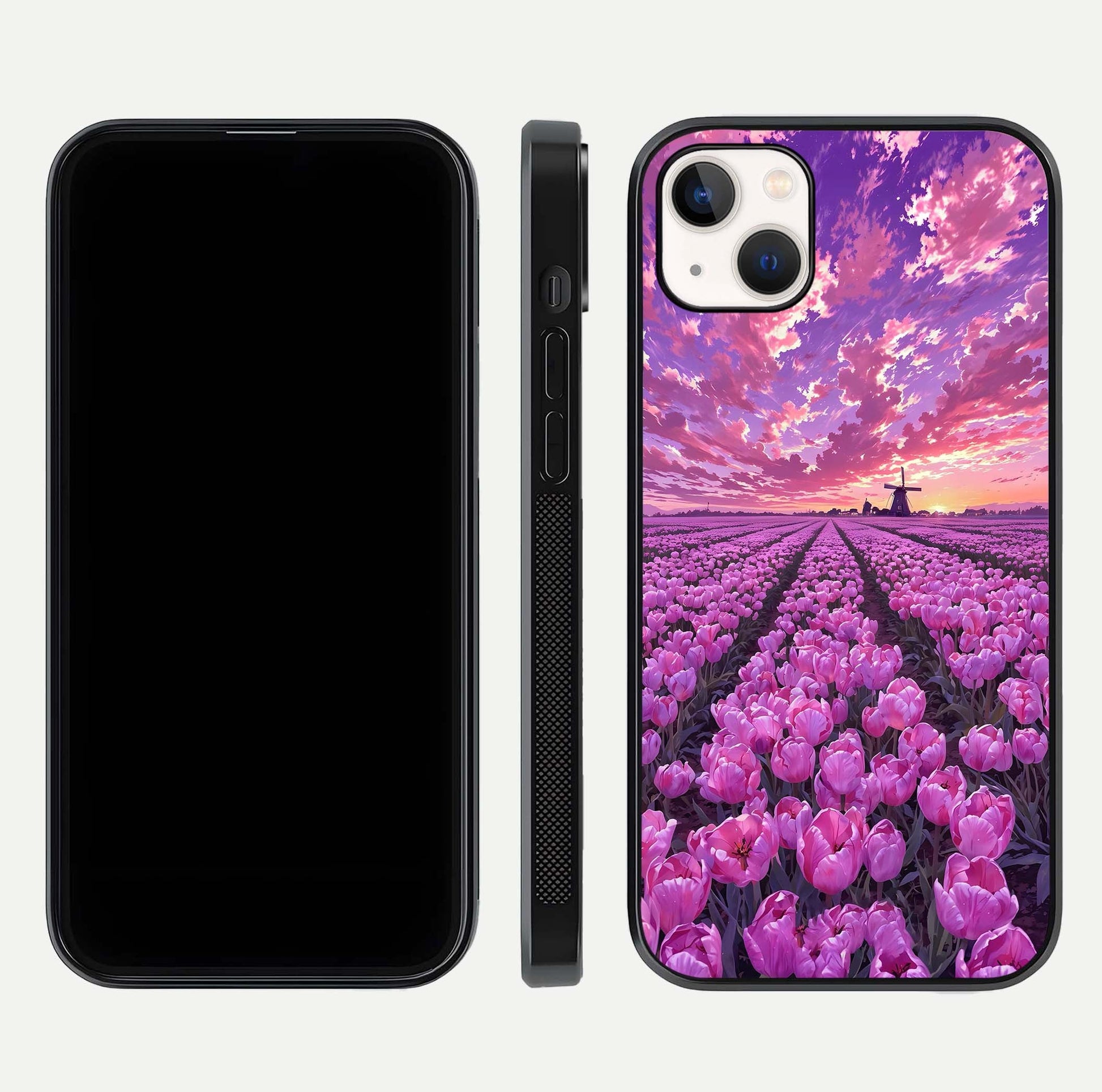Lavender Dream Skies Glass Case for iPhone 14 Plus front and back view layout highlighting dreamy sky gradient