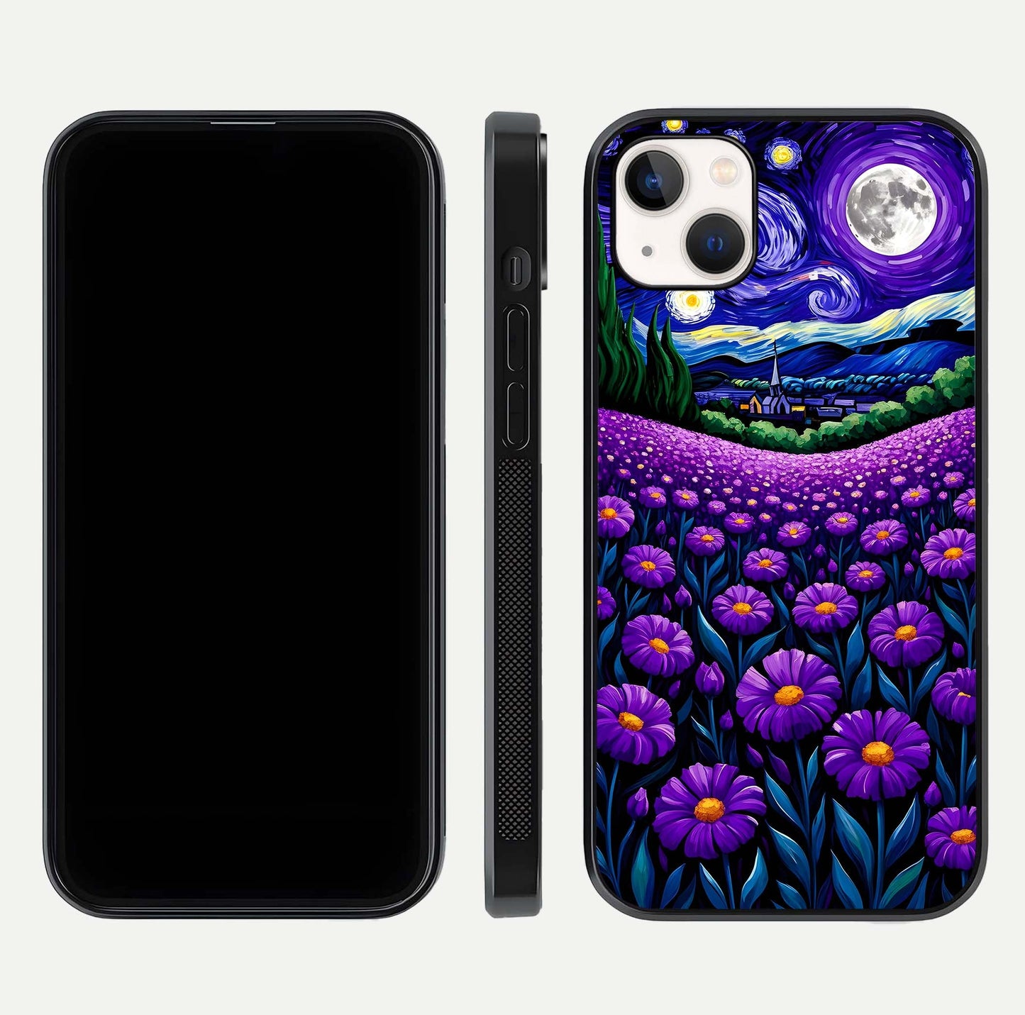 Lavender Moon Field Glass Case for iPhone 14 Plus front and back view layout with soft gradient and curved edges