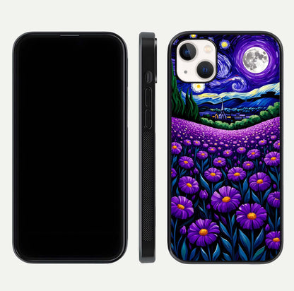 Lavender Moon Field Glass Case for iPhone 14 Plus front and back view layout with soft gradient and curved edges