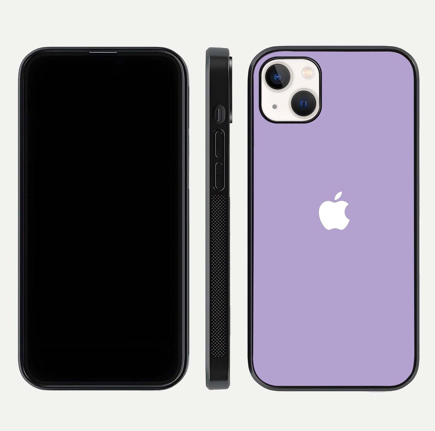 Lavender Soft Minimal Glass Case for iPhone 14 Plus front and back view layout highlighting soft hue and curved edges